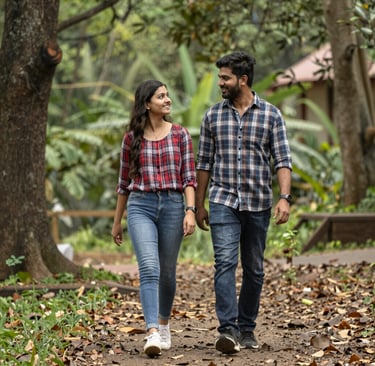 A happy couple enjoying a peaceful morning walk along the riverbank near the bungalows.