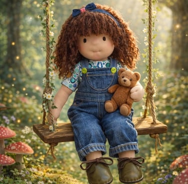 Muñeca Waldorf hecha a mano con cabello rizado, sentada en un columpio de madera con osito de peluch