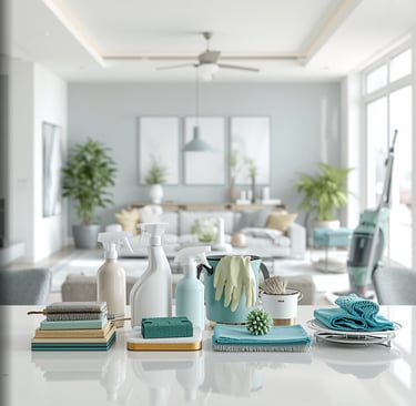 Professional house cleaning supplies and microfiber cloths arranged on a kitchen counter.