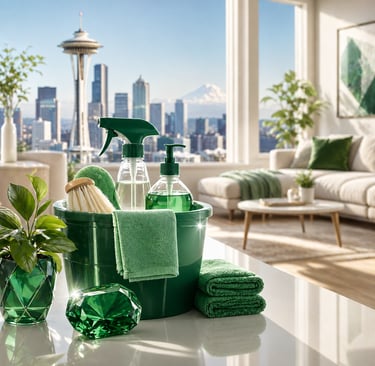 Eco-friendly green cleaning supplies in a bucket with a Seattle skyline view.