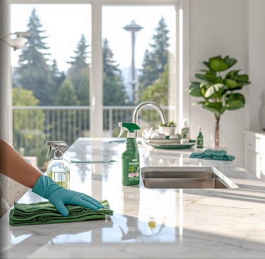 A person wearing blue gloves wipes a white marble countertop with a green cloth and eco-friendly cleaning spray.