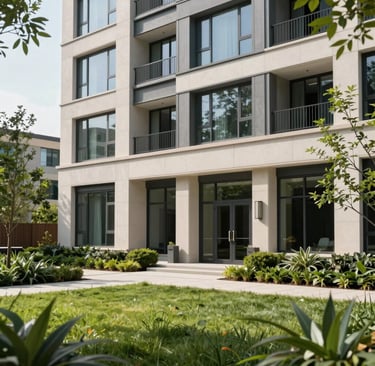 A professional photography shot of a modern, sophisticated building exterior in a North American suburban setting with clean architecture and lush green landscaping, exuding trustworthiness and stability.