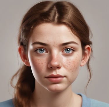 A young woman with freckles on her face