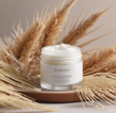 White cream in an open jar on a rock.