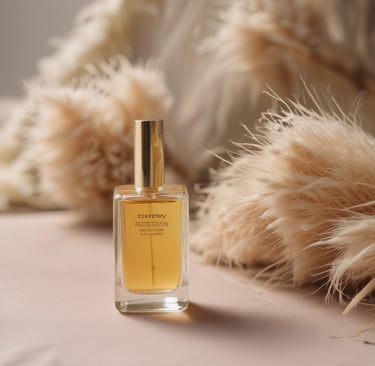 a bottle of oriental perfume sitting on top of a flower