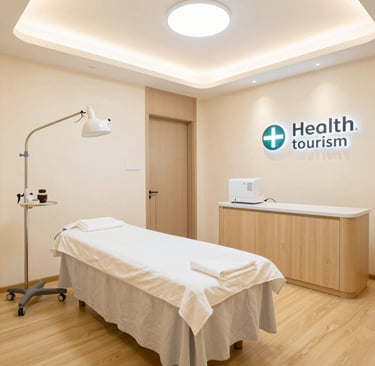 A vibrant photo of a modern health tourism facility bustling with international visitors.