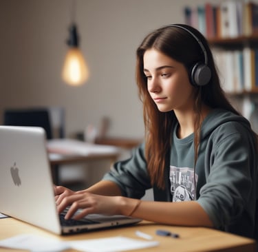 A pair of students discussing content displayed on a laptop screen in a bright, modern setting.