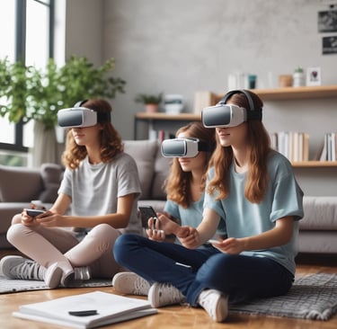 A group of diverse high school students wearing VR headsets, immersed in a virtual classroom experience.