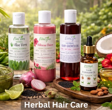 Natural herbal hair care products including aloe vera shampoo, hibiscus onion oil, and growth serum with botanical