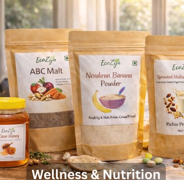 EcoZyn wellness products including ABC Malt, Nendran Banana Powder, and organic Cave Honey on a wooden table.