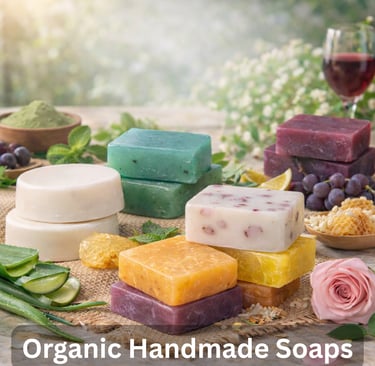 A collection of colorful organic handmade soap bars with natural ingredients like aloe vera and honeycomb.