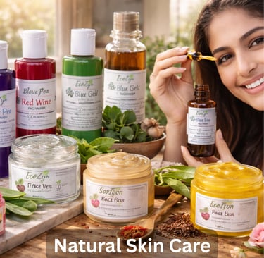 A smiling woman uses natural skin care products including herbal face washes, creams, and facial oils.