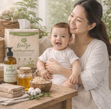 A smiling mother holds her happy baby next to organic EcoZyn natural infant skincare products on a wooden table.