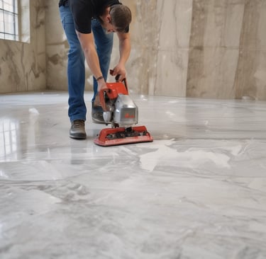 Close-up of a professional polishing a marble floor with a monobrosse machine, highlighting the shine.