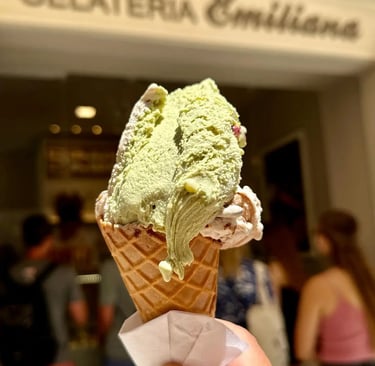 Ice cream cone in front of Emiliana Gelateria in the old town of Split