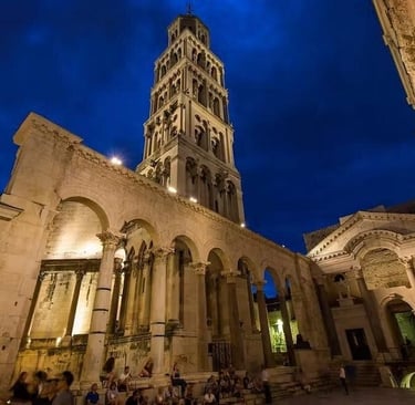 Diocletian’s Palace and Saint Domnius Bell Tower at night in Split Old Town