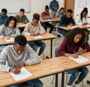 African students sitting at wooden desks in a classroom writing in notebooks during a lesson.