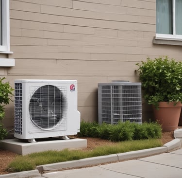 A white ductless mini-split heat pump and grey central AC unit installed outside a residential home.
