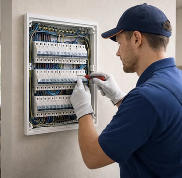 Professional electrician wearing gloves while repairing a modern home electrical circuit breaker panel.