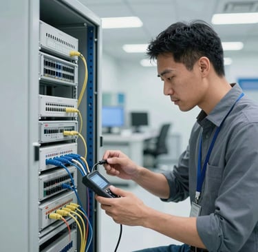 A professional network technician uses a handheld testing device to certify voice and data connections