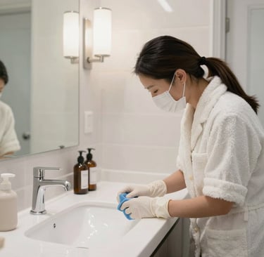 A spacious office space shining with spotless floors and perfectly organized desks under soft navy lighting.