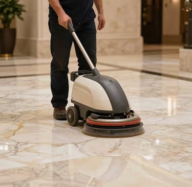A pristine modern living room gleaming after a deep luxury cleaning, with sunlight reflecting off polished surfaces.