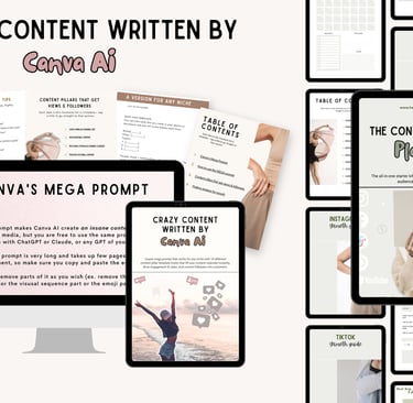 Canva AI Content-to-Cash Playbook showing digital marketing guides and social media strategy templates.