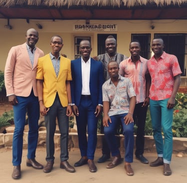 A vintage black-and-white photo of the club's founding members gathered around a wooden table.