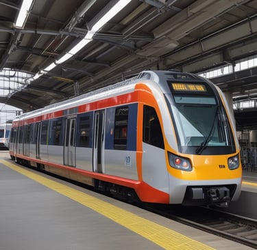 A Regional Rapid Transit System (RRTS) train speeding past green fields.