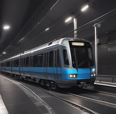 A sleek metro train gliding smoothly along an urban track during sunset.