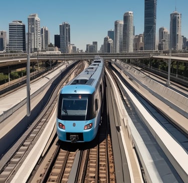 A sleek metro train gliding along urban tracks under a clear blue sky.