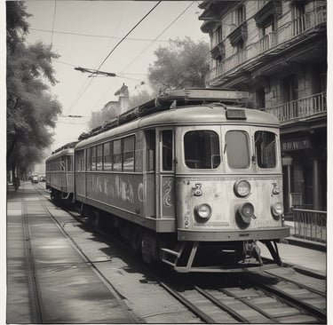 A modern tram weaving through a bustling city street lined with trees.