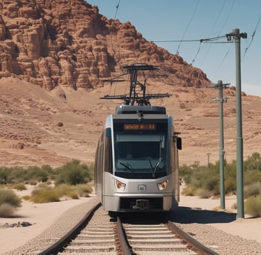 A light rail vehicle crossing a scenic bridge over a river.