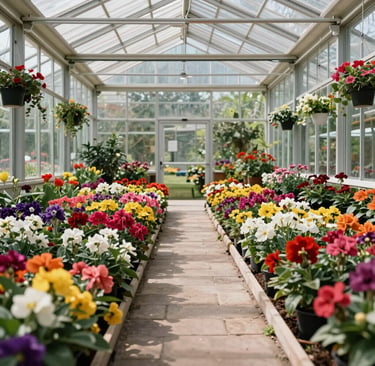 A sunlit, modern North American greenhouse with glass walls, filled with neat rows of vibrant blooming flowers and a clean stone path.