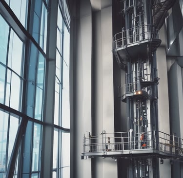 Technicians performing detailed elevator maintenance inside a commercial building shaft.