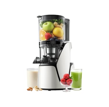 A white cold press juicer filled with fresh fruits and vegetables next to green juice and almond milk.