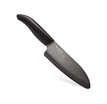 Kyocera advanced ceramic chef's knife with a black blade and ergonomic handle for precision cutting.