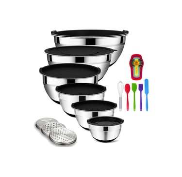 A set of stainless steel mixing bowls with airtight lids, grater attachments, and colorful silicone kitchen utensils.