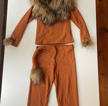 Kids lion costume set with faux fur mane, headband ears, and tail on pants and top.