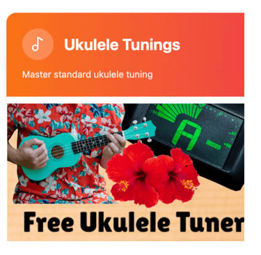 A person playing a teal ukulele with a digital tuner and red hibiscus flowers for a free tuning guide.