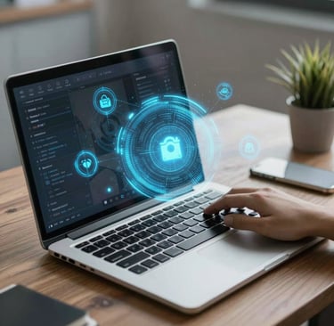 A clean, modern workspace with a laptop displaying code and notes scattered around, reflecting active learning and project work