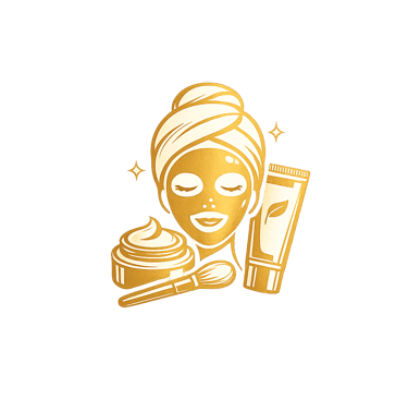 Golden glowing facial skin care icon with mask, cream jar, and applicator brush.