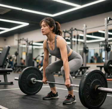 A person lifting weights with focused determination in a calm studio.