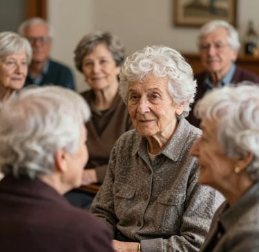 Warm group therapy session in a bright, welcoming room with calming blue walls.