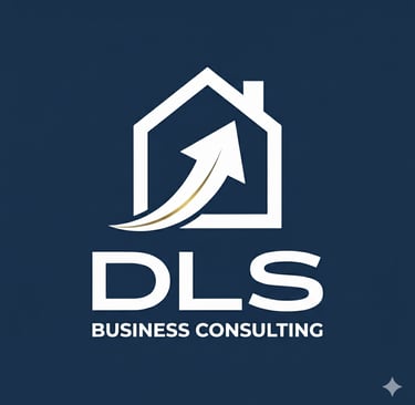 DLS Business Consulting logo featuring a white house icon and upward growth arrow on a blue background.