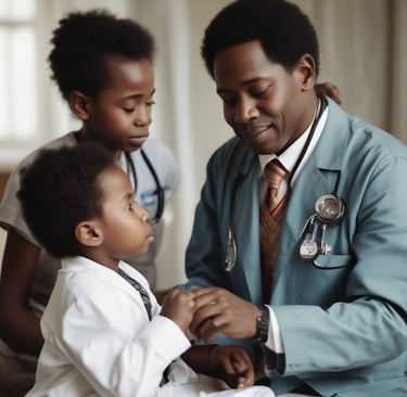 A compassionate African American male pediatrician examines a young boy during a medical checkup.