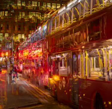 Buses at nighttime in London