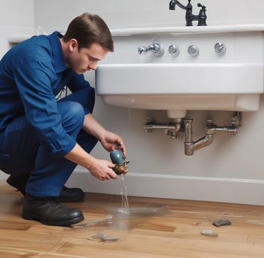 Technician repairing a boiler system, showing detailed hands-on work with pipes and valves.