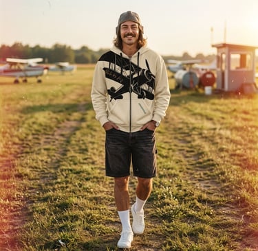 un aviateur sur un terrain portant le hoodie route des airs
