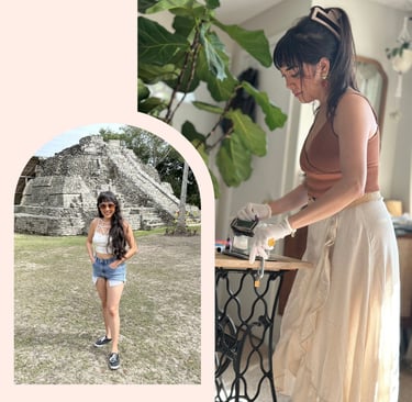 Two photos: one of Ryanne at an ancient ruin in Mexico, and one of Ryanne using a clay roller.